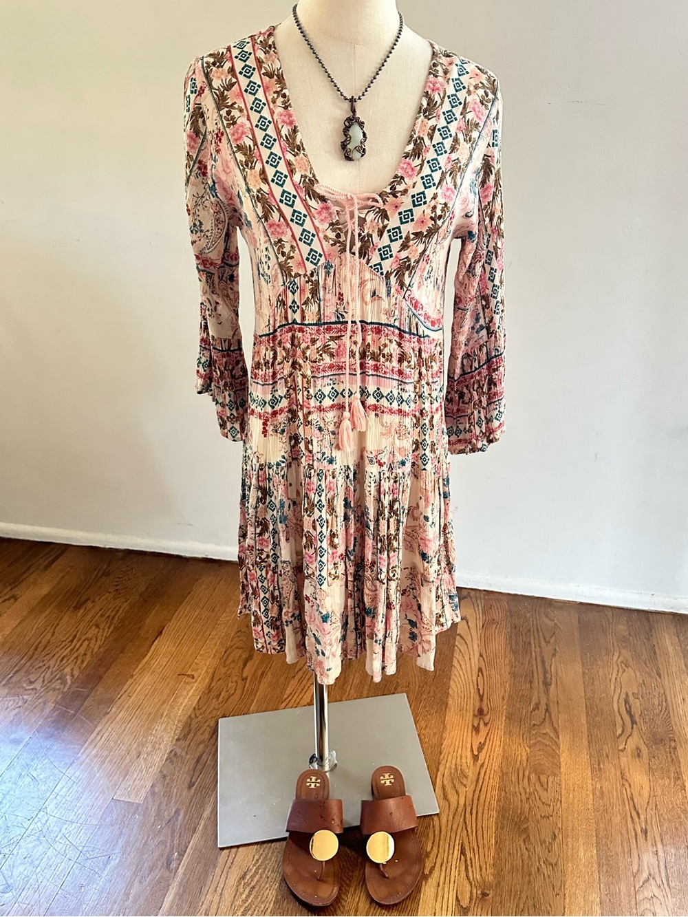 Papa Vancouver Boho Floral Mini Dress Pink Cream Tassel Tie Festival Dress M